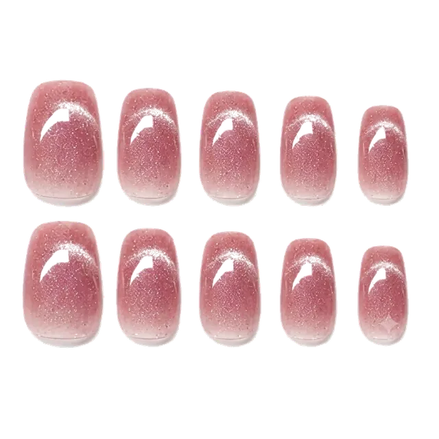 A set of pink glitter gradient press-on nails